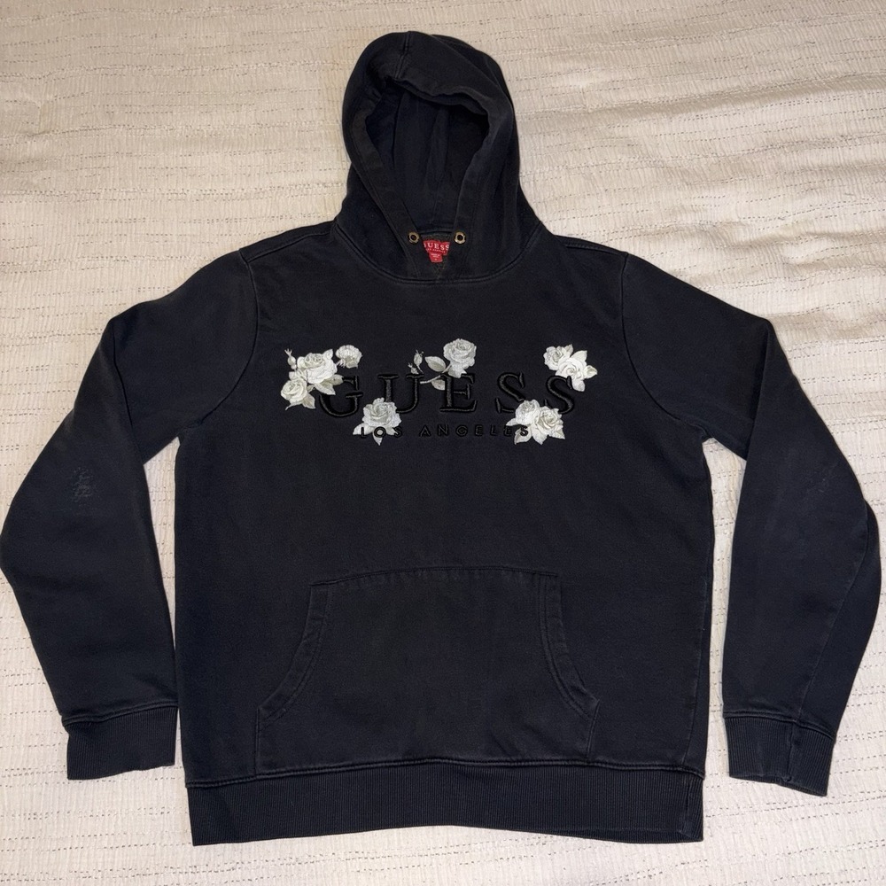 GUESS Womens S Black Hoodie Rose Floral Spellout Pullover Fleece Sweatshirt